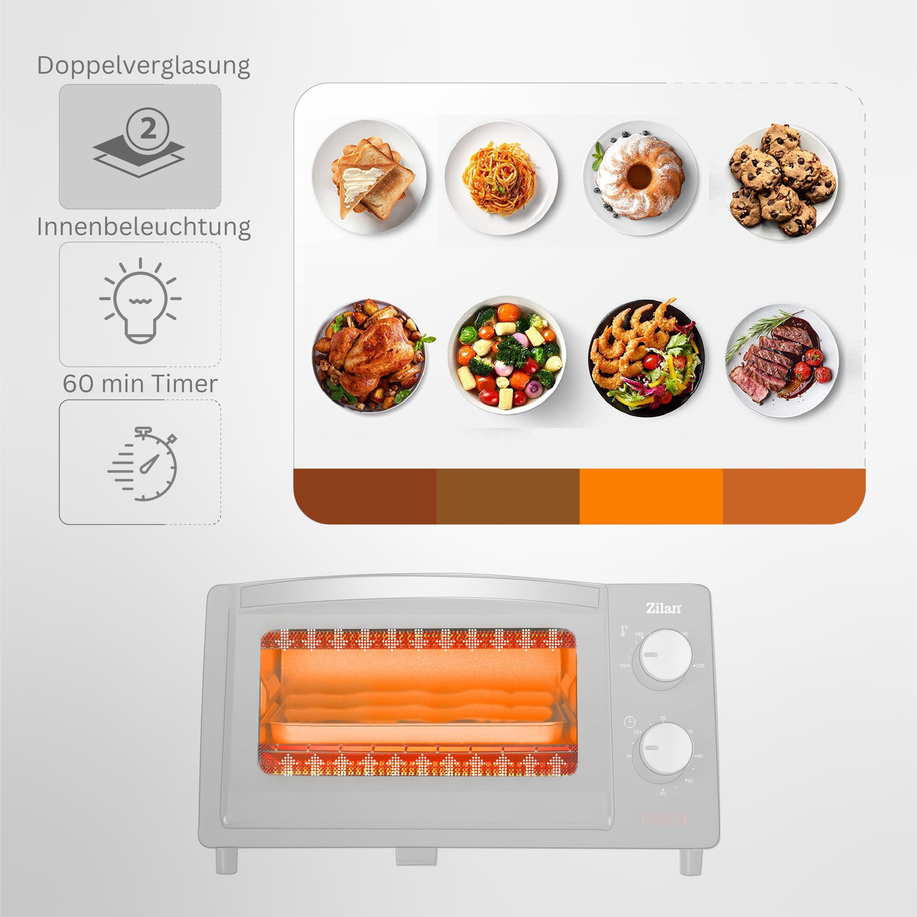 Piekarnik z jedzeniem w środku i ilustracjami pokazującymi funkcje, takie jak timer i podwójne oszklenie.