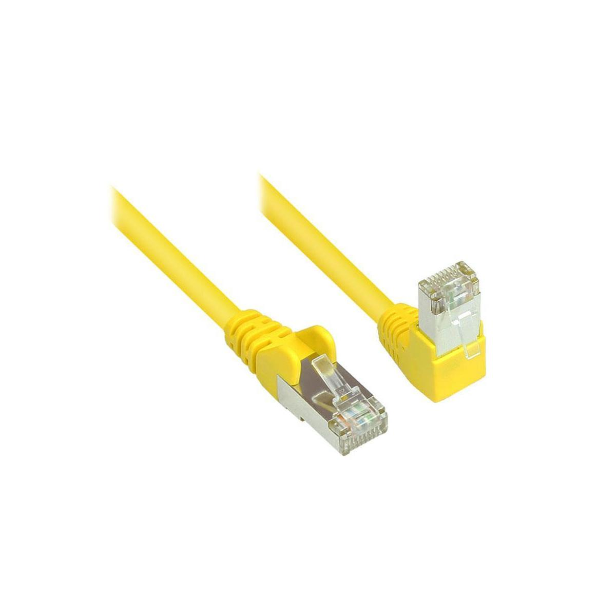 Gelbes Ethernet-Kabel mit RJ45-Anschlüssen auf weißem Hintergrund. Zwei Anschlüsse sind sichtbar.