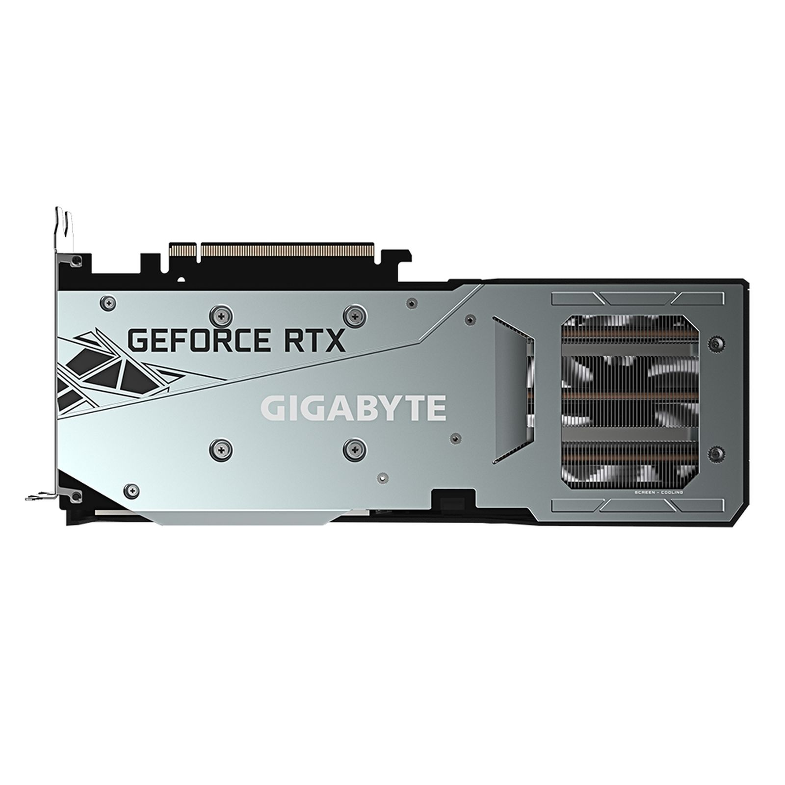 Eine silberne und schwarze Gigabyte GeForce RTX-Grafikkarte. Sie hat Lüfter und das GeForce RTX-Logo.