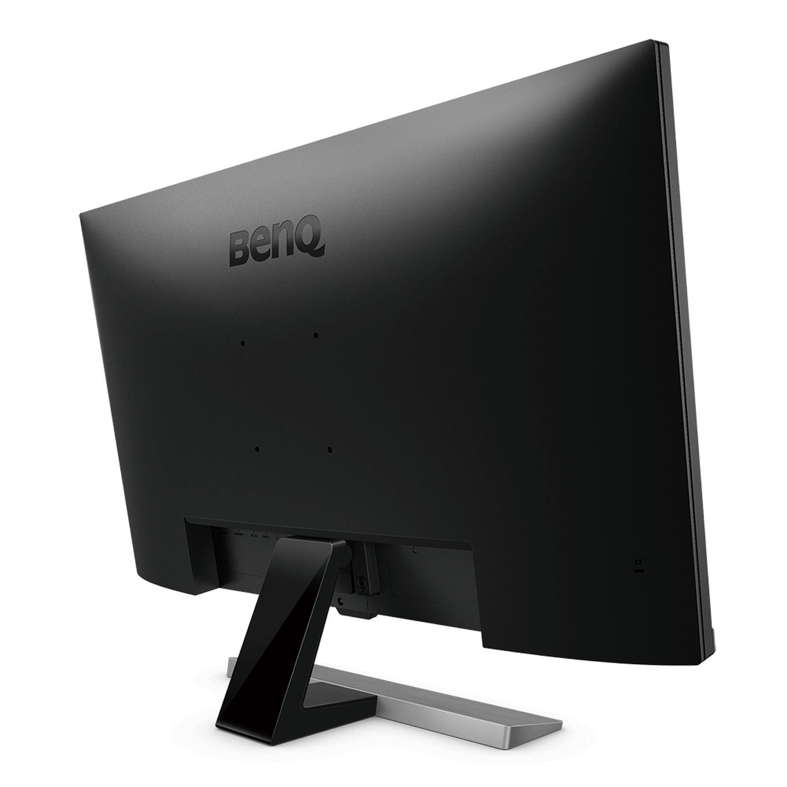 Schwarzer Computermonitor. Rückseite sichtbar, mit silbernem Ständer und BenQ-Logo.