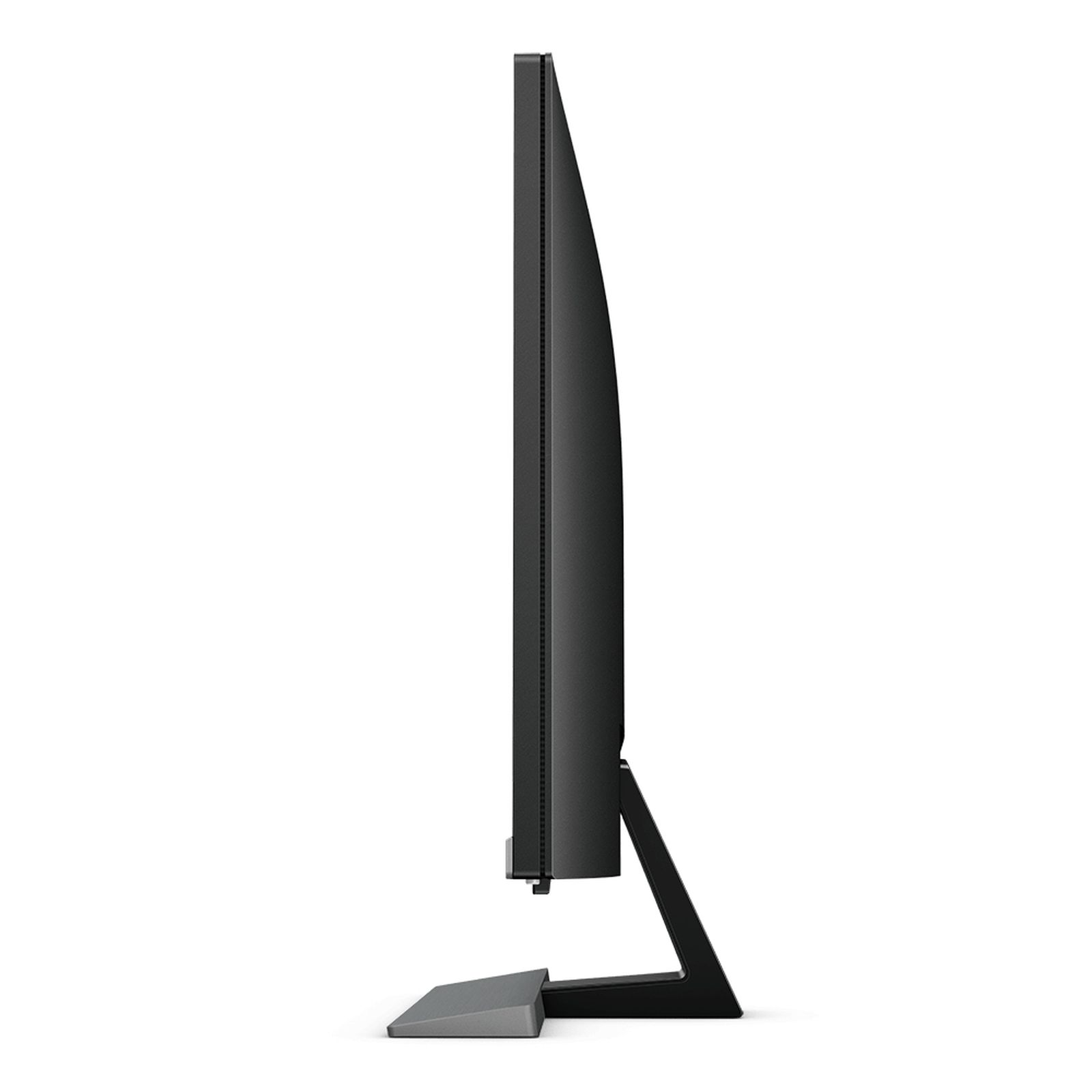 Schwarzer Computermonitor, Seitenansicht, mit Ständer, auf weißem Hintergrund.