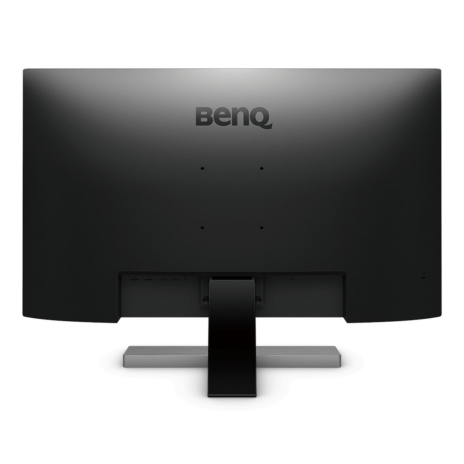 Rückansicht des schwarzen BenQ-Computermonitors. Der Monitor hat einen Ständer und Anschlüsse unten.