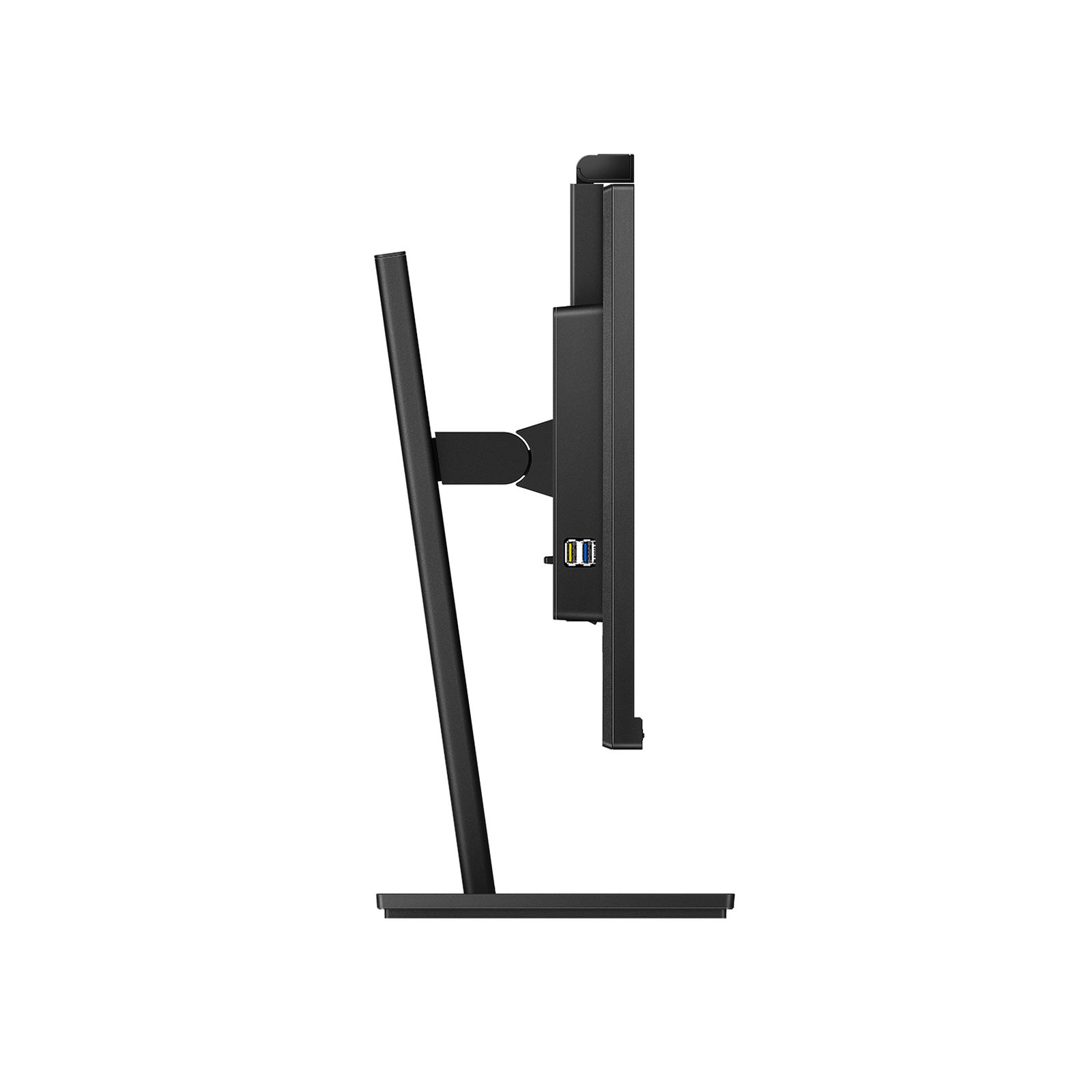 Widok z boku monitora, czarna ramka, stojak i widoczne porty.