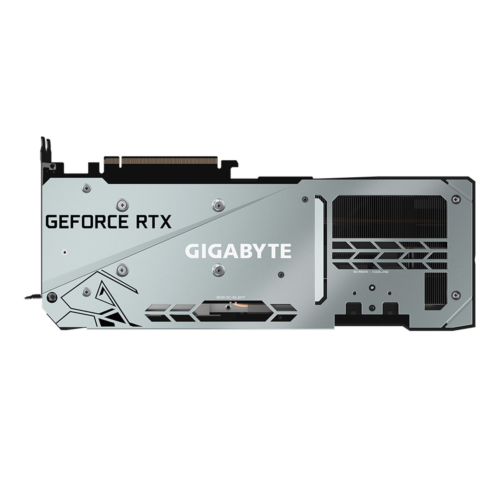 Tarjeta gráfica plateada y negra. La tarjeta tiene las palabras "GEFORCE RTX" y "GIGABYTE".