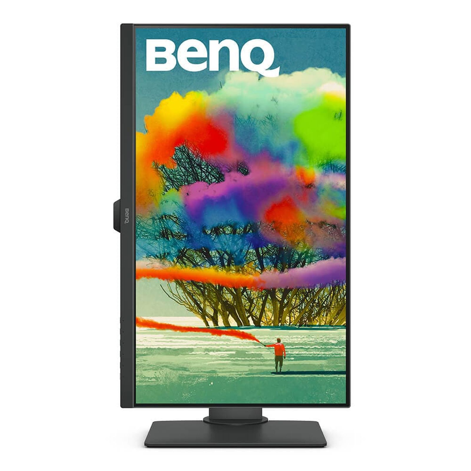 Monitor BenQ z kolorową sceną w tle. Osoba stoi obok sceny.