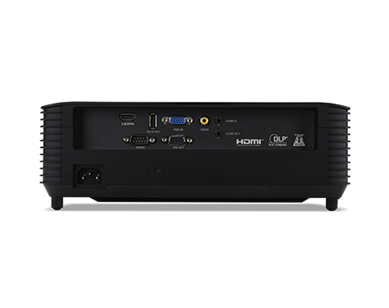 Widok z tyłu czarnego projektora z różnymi portami wejściowymi, w tym HDMI.