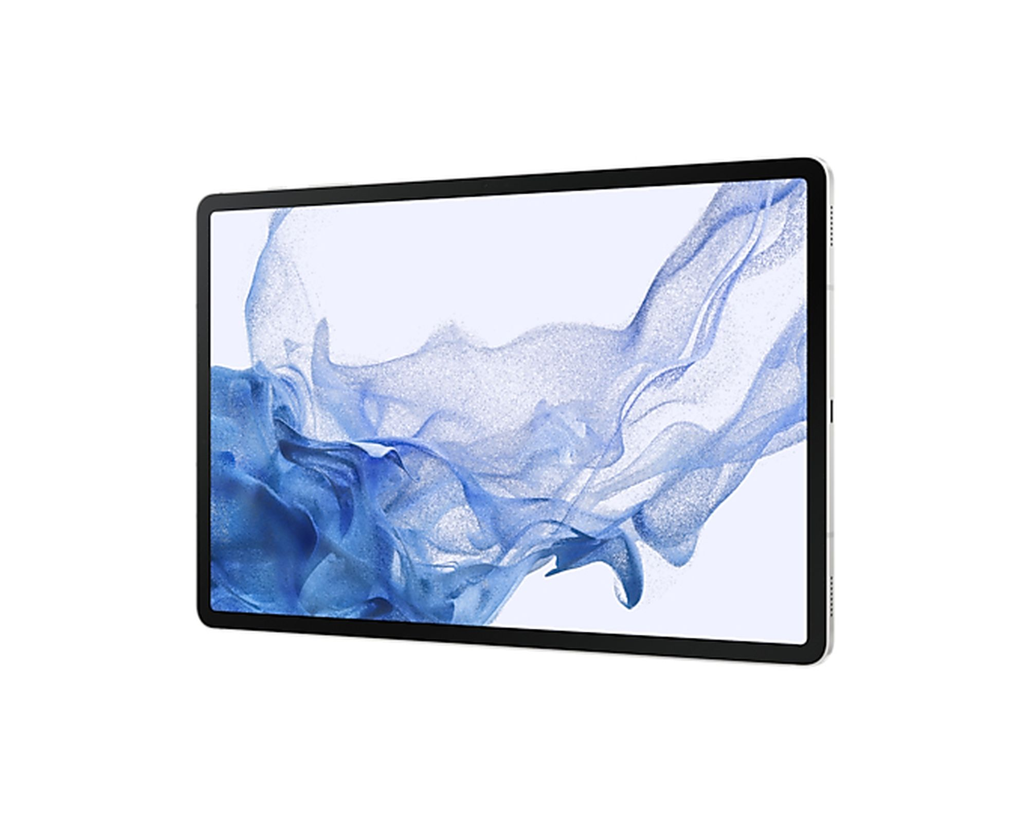 Ein Tablet mit einem blau-weißen abstrakten Design auf dem Bildschirm. Schwarzer Rahmen um den Bildschirm.