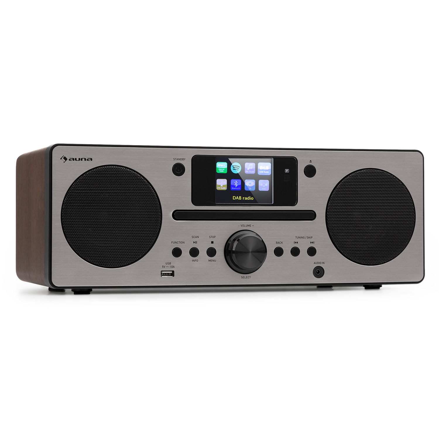 Silber- und Holz-DAB-Radio mit Bildschirm und Knöpfen. Es hat zwei Lautsprecher und einen Lautstärkeregler.