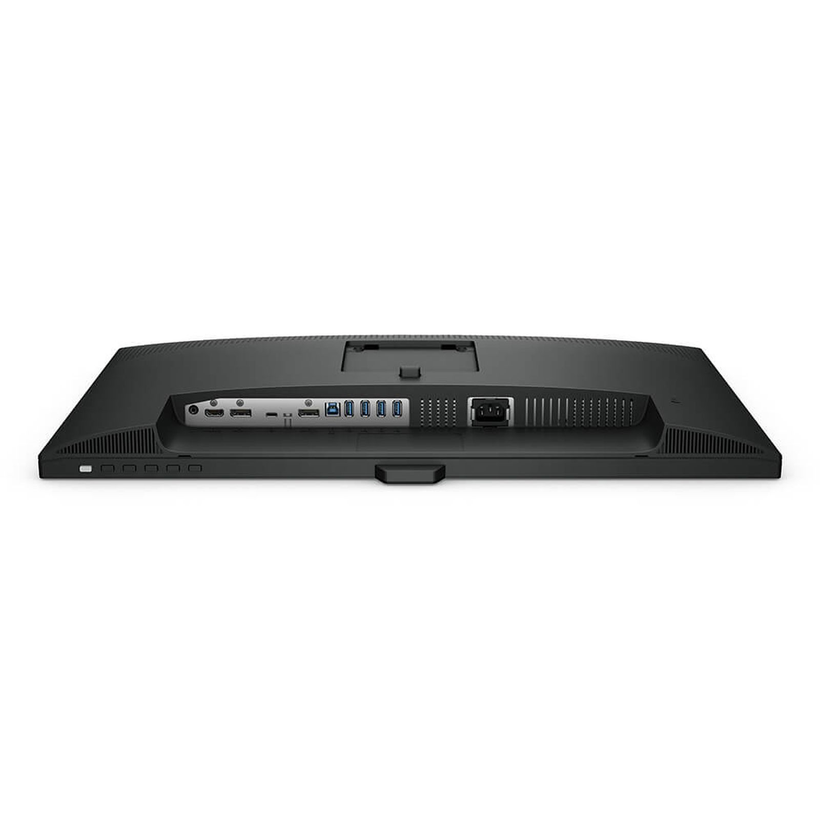 Back of a black computer monitor with various ports and connectors.