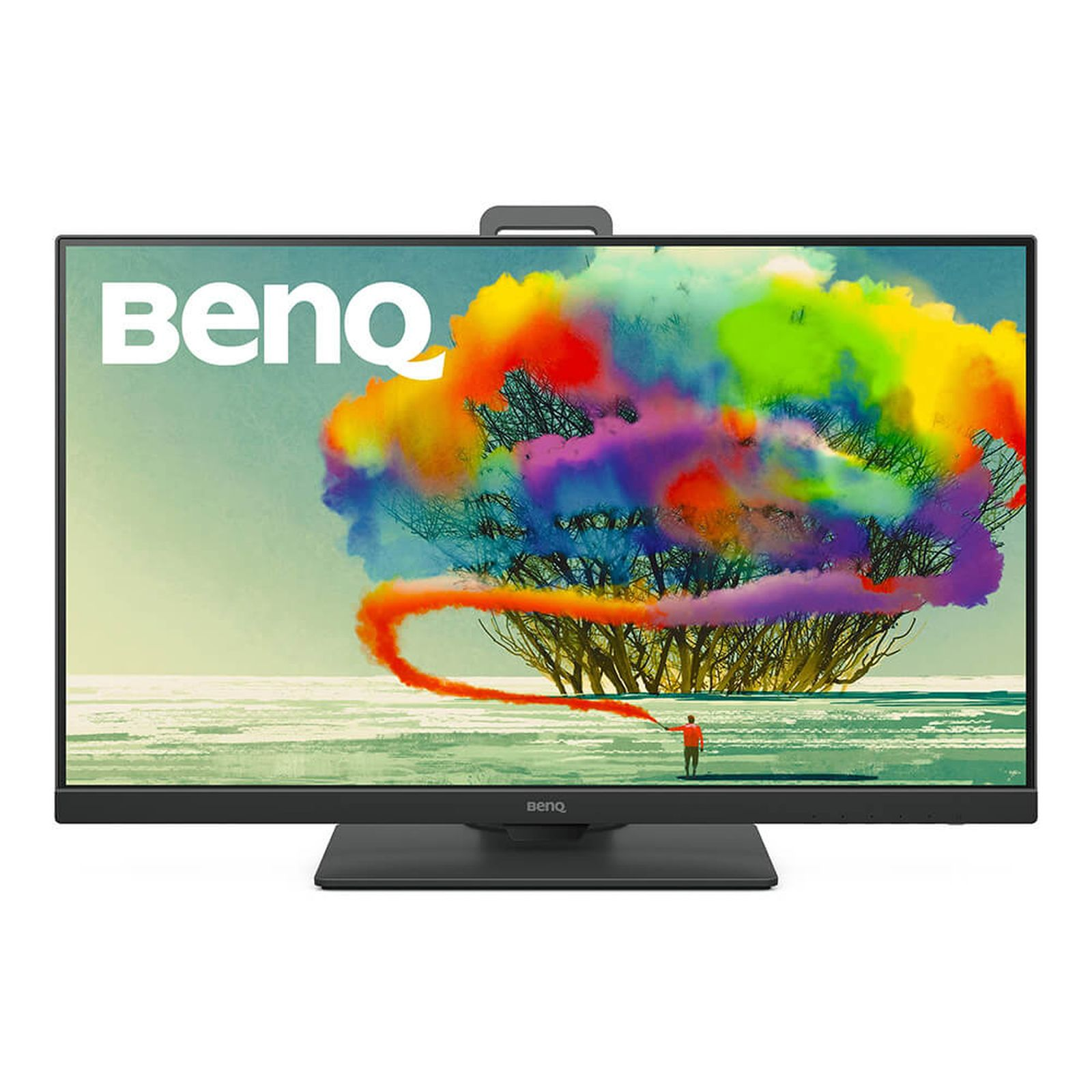 A monitor shows a colorful painting of a tree. A person is painting the tree on the screen.