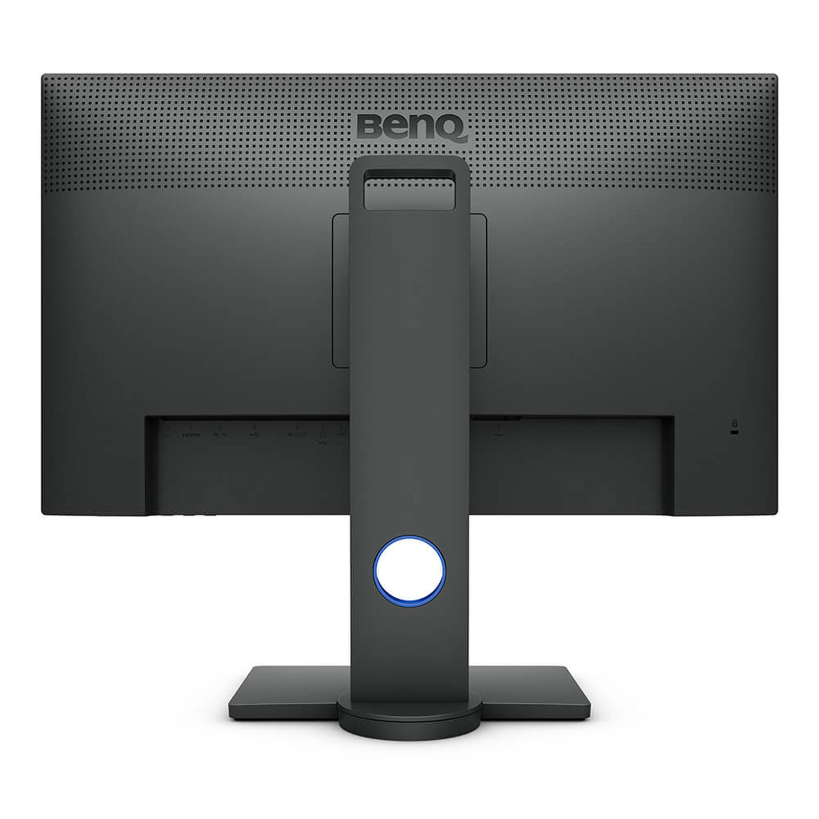 Back view of a black computer monitor with a stand.