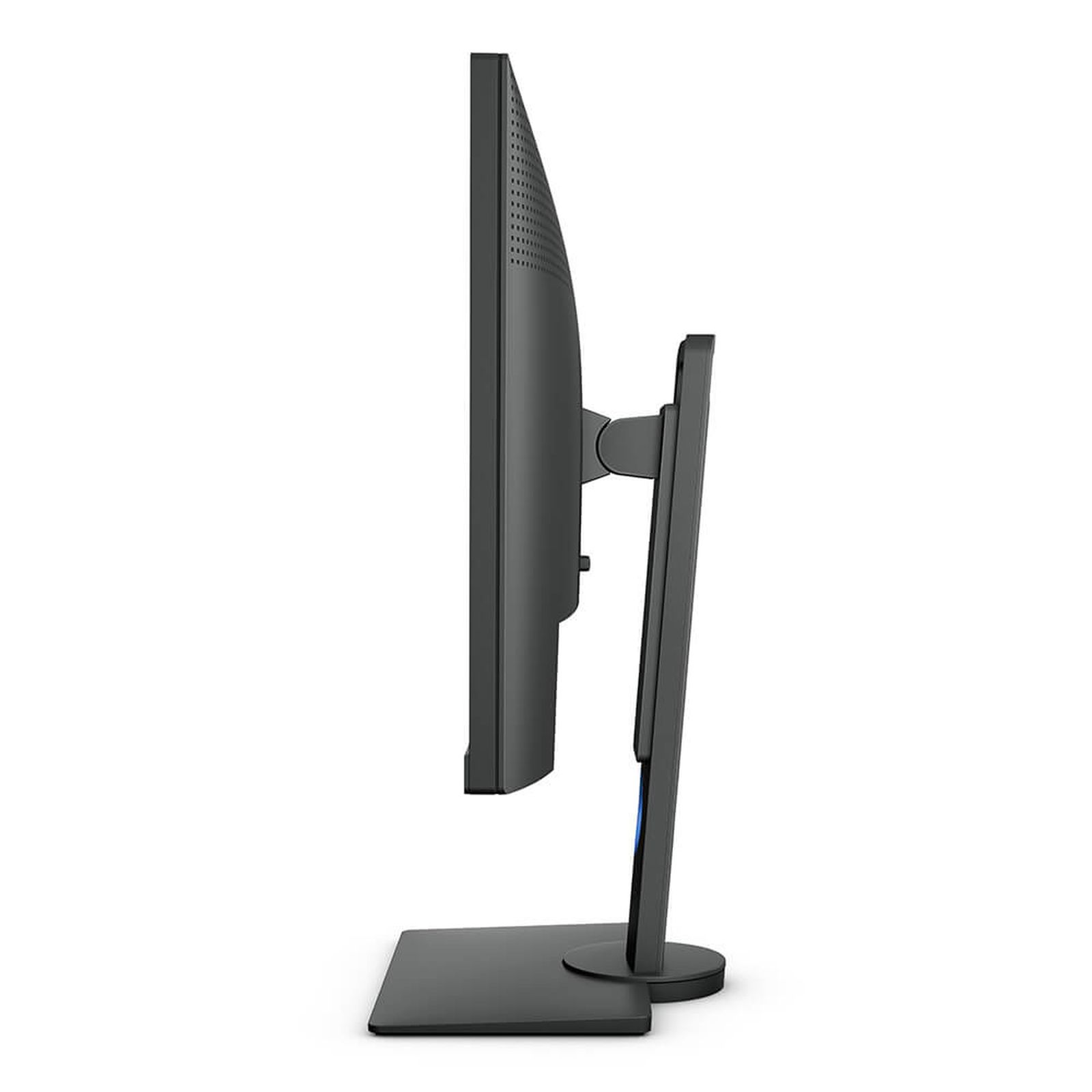 Side view of a computer monitor with a black bezel and a stand that supports the screen.