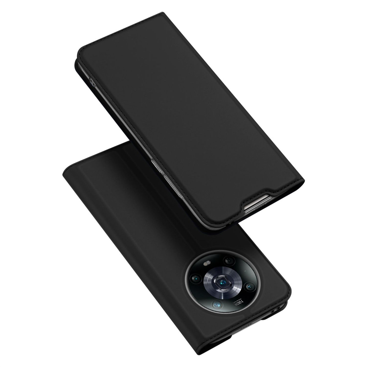 Custodia nera per telefono, una aperta e una chiusa, mostra la fotocamera.