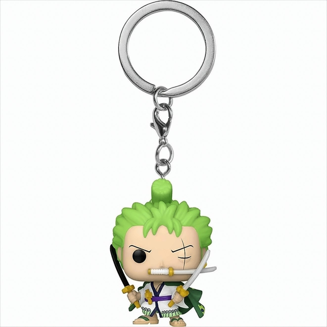 Ein Schlüsselanhänger mit einer Figur von Zoro aus One Piece, die zwei Schwerter hält und grüne Haare trägt.