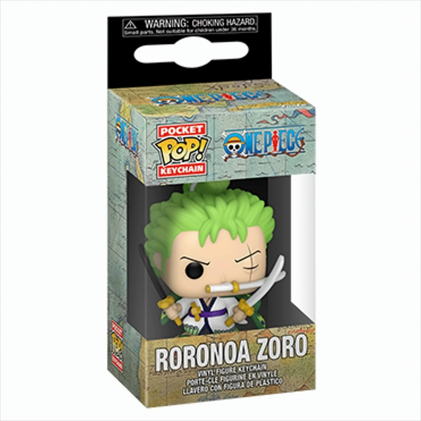 Zoro Schlüsselanhänger in einer Box, grünes Haar, zwei Schwerter, weißer Hintergrund.