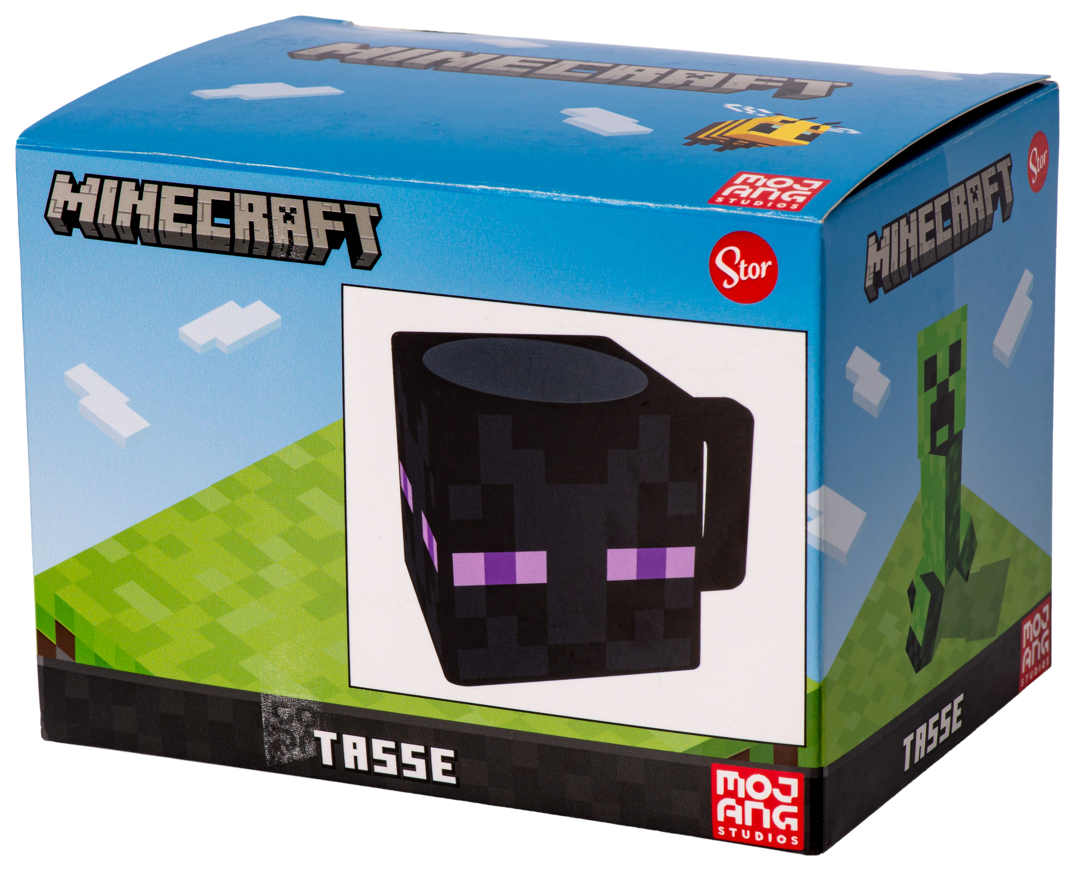 Minecraft-Tasse in einer Schachtel. Die Tasse hat ein Gesicht, und die Schachtel zeigt den Minecraft Creeper.