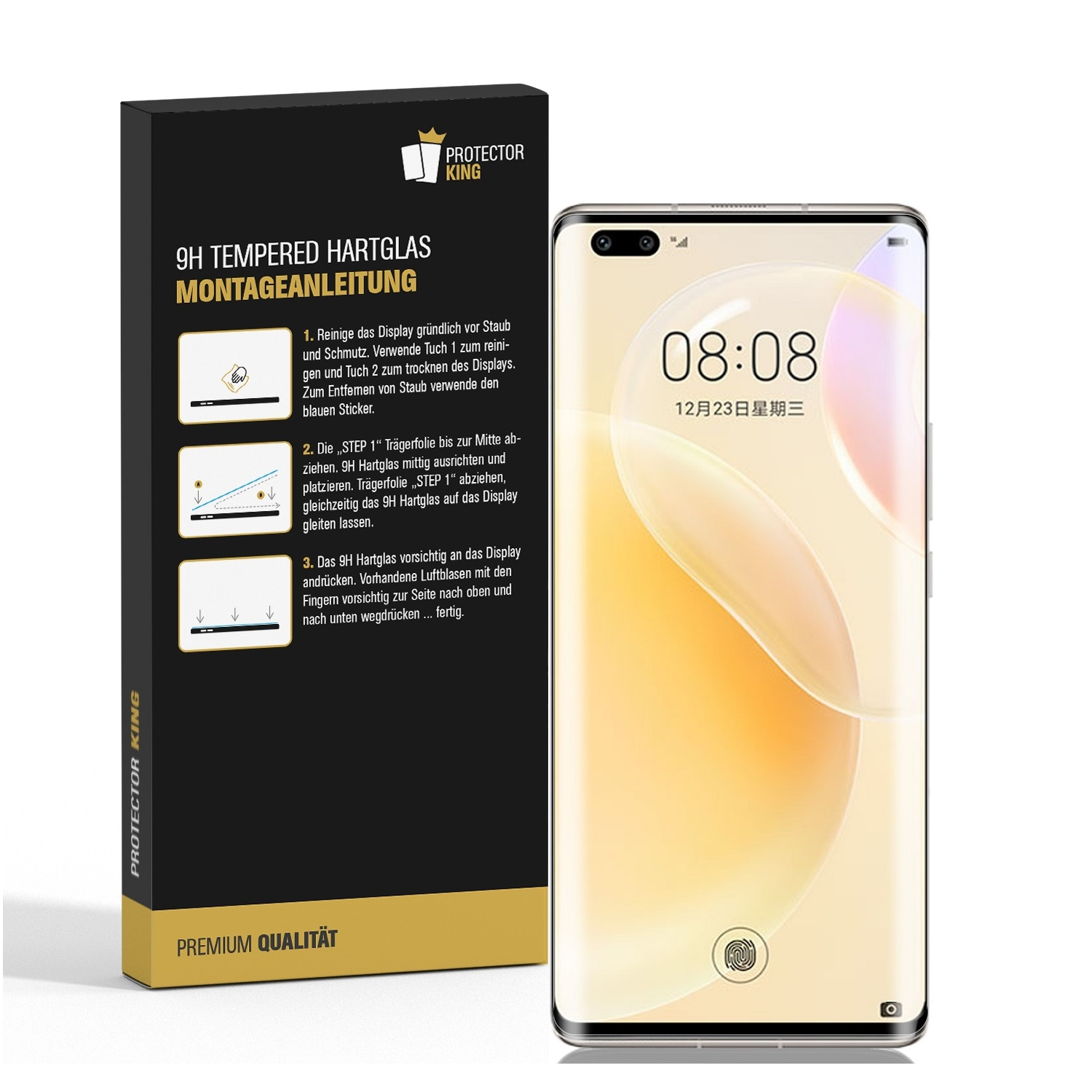 Displayschutzfolie mit Anweisungen. Telefon mit angebrachter Schutzfolie. Weißer Hintergrund.