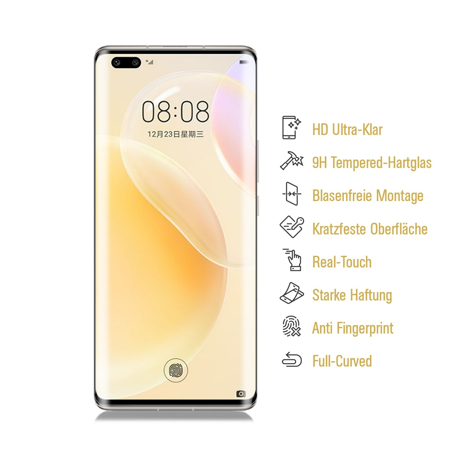 Smartphone mit Anzeige, Zeit, Datum und Symbolen auf weißem Hintergrund mit Funktionen.