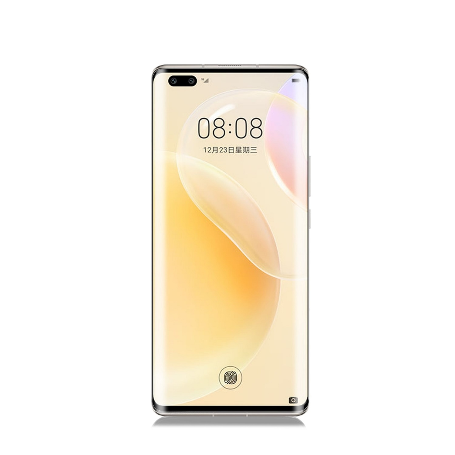 Smartphone mit hellem Bildschirm, der die Uhrzeit anzeigt, auf weißem Hintergrund.