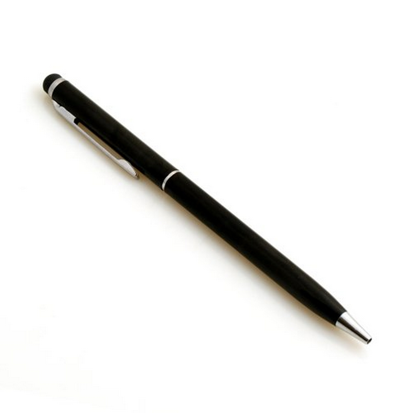 Schwarzer Stift mit silbernem Clip auf weißem Hintergrund.