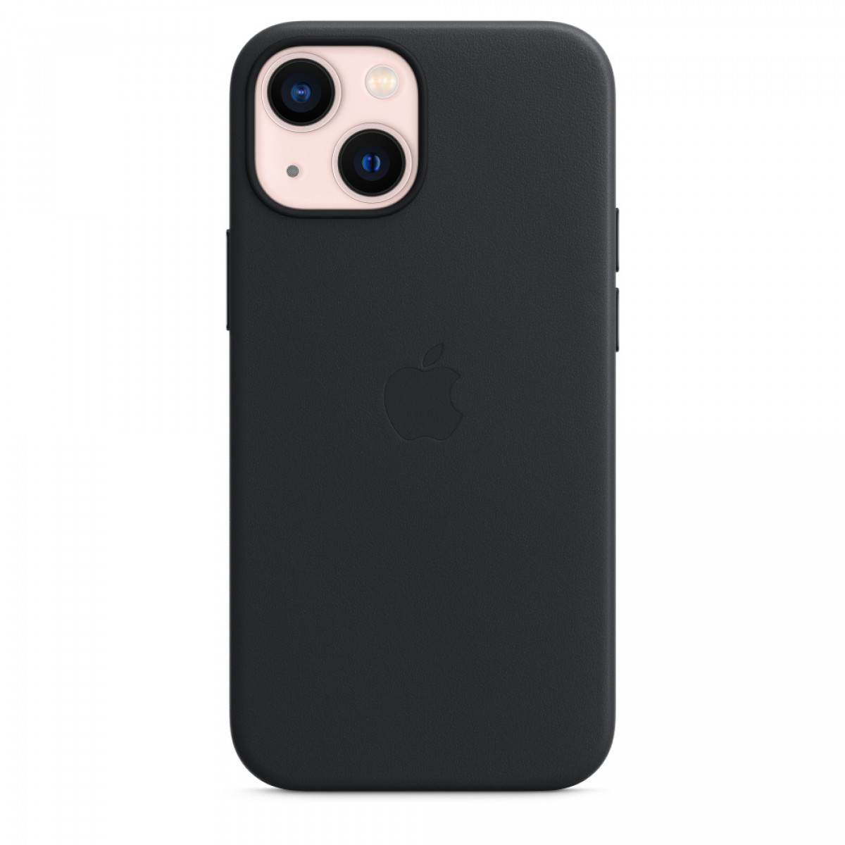 A black iPhone case with a leather texture. The Apple logo is centered on the back of the case.