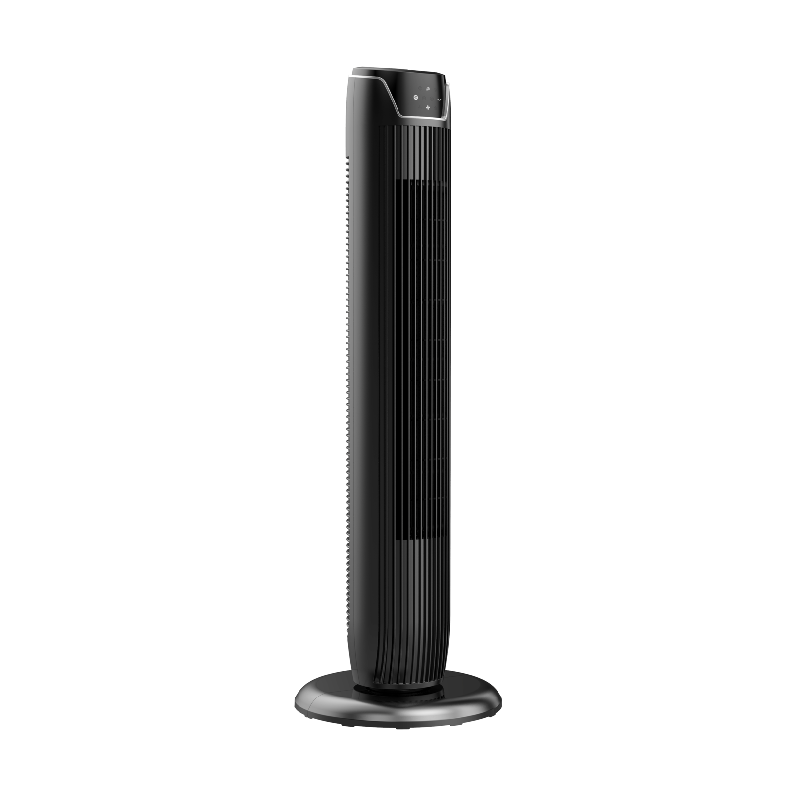 Schwarzer Turmventilator auf schwarzem Hintergrund, hoch und schlank, mit rundem Sockel und glatter Oberfläche.