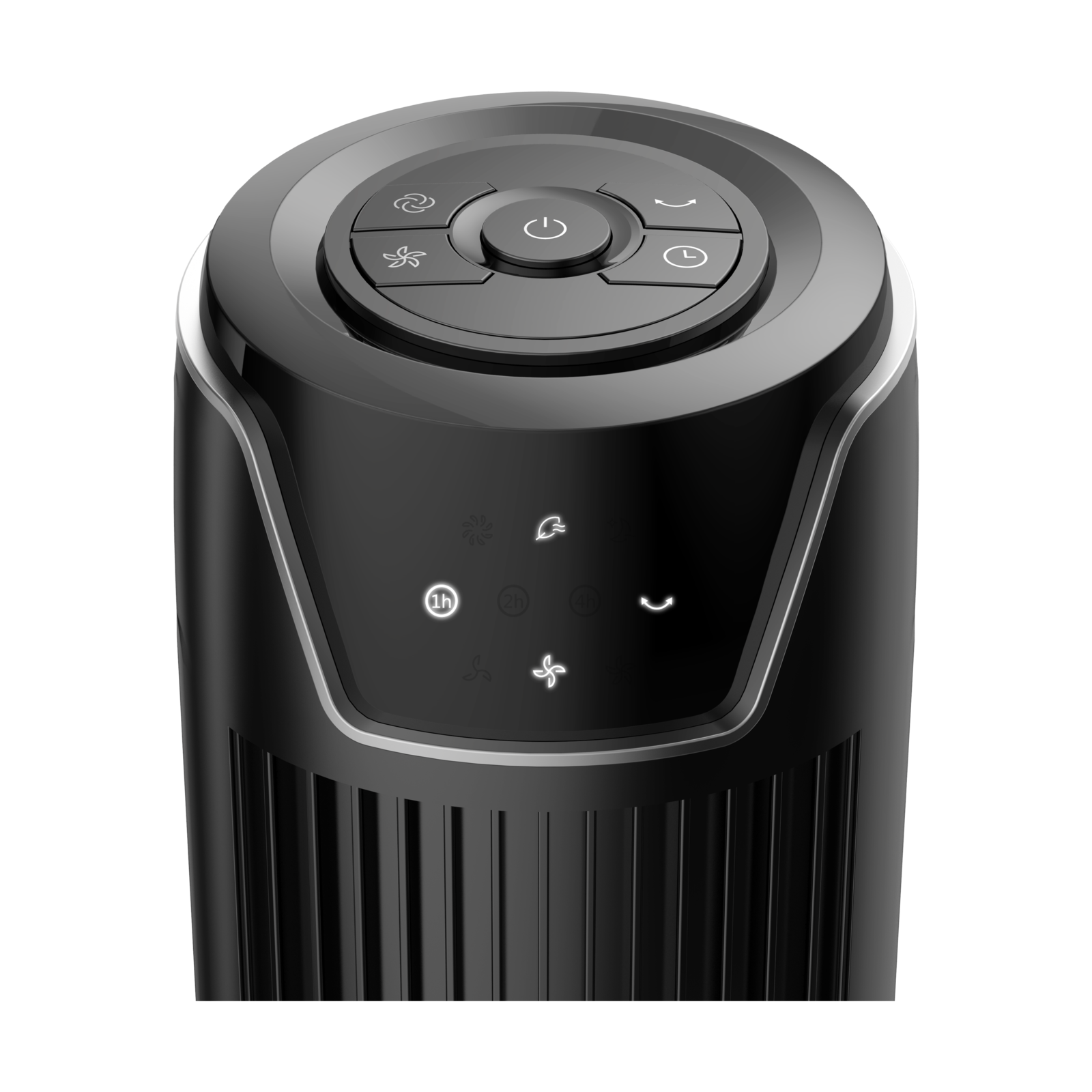 Nahaufnahme des Bedienfelds eines schwarzen Turmventilators mit Touch-Tasten und beleuchteten Symbolen.