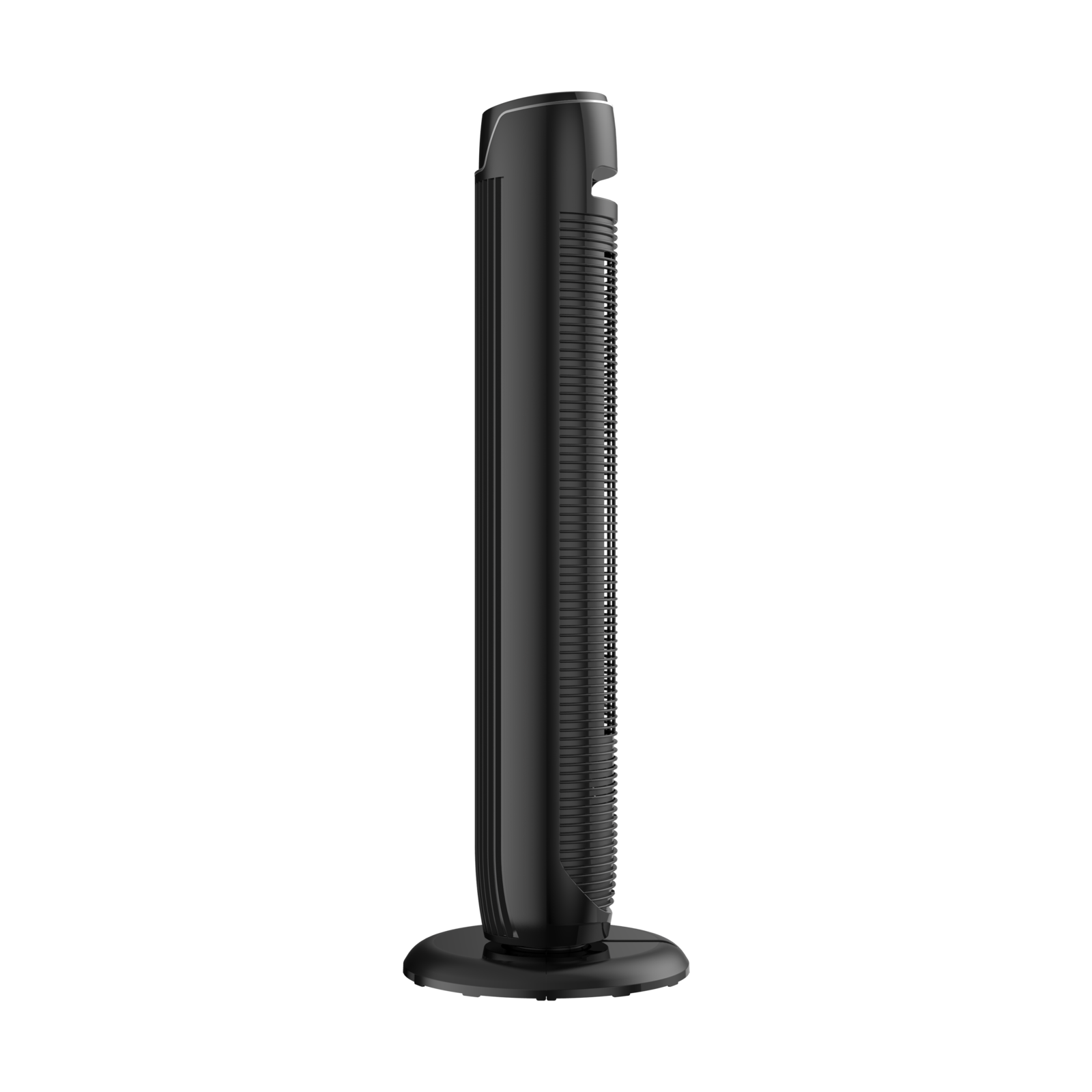 Ein schwarzer Turmventilator steht auf einem schwarzen Sockel vor schwarzem Hintergrund.
