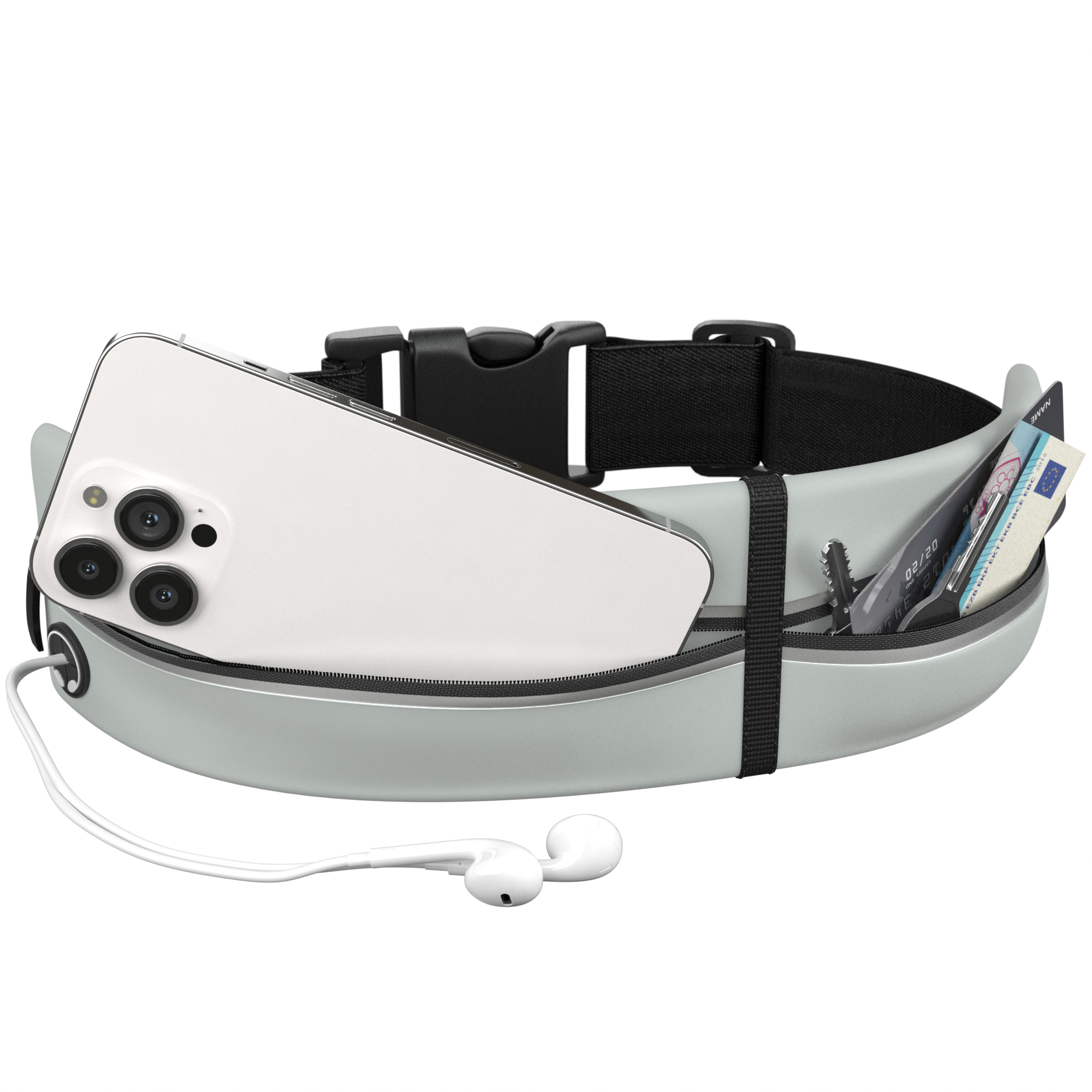 Graue Bauchtasche mit Handy, Kopfhörern, Karten und Geld, liegt auf weißer Oberfläche.