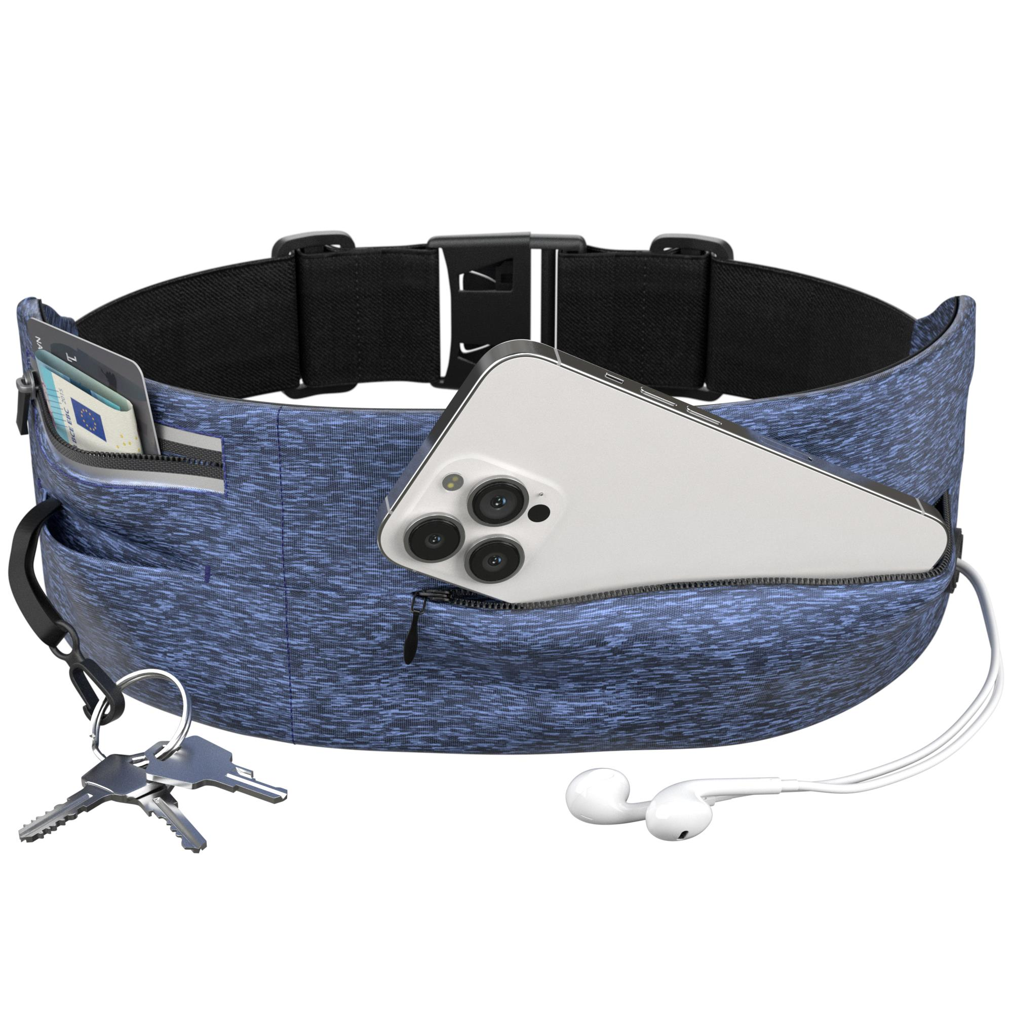Blauer Laufgürtel mit Telefon, Schlüsseln und Ohrhörern. Schwarze Schnalle und Reißverschlusstaschen.