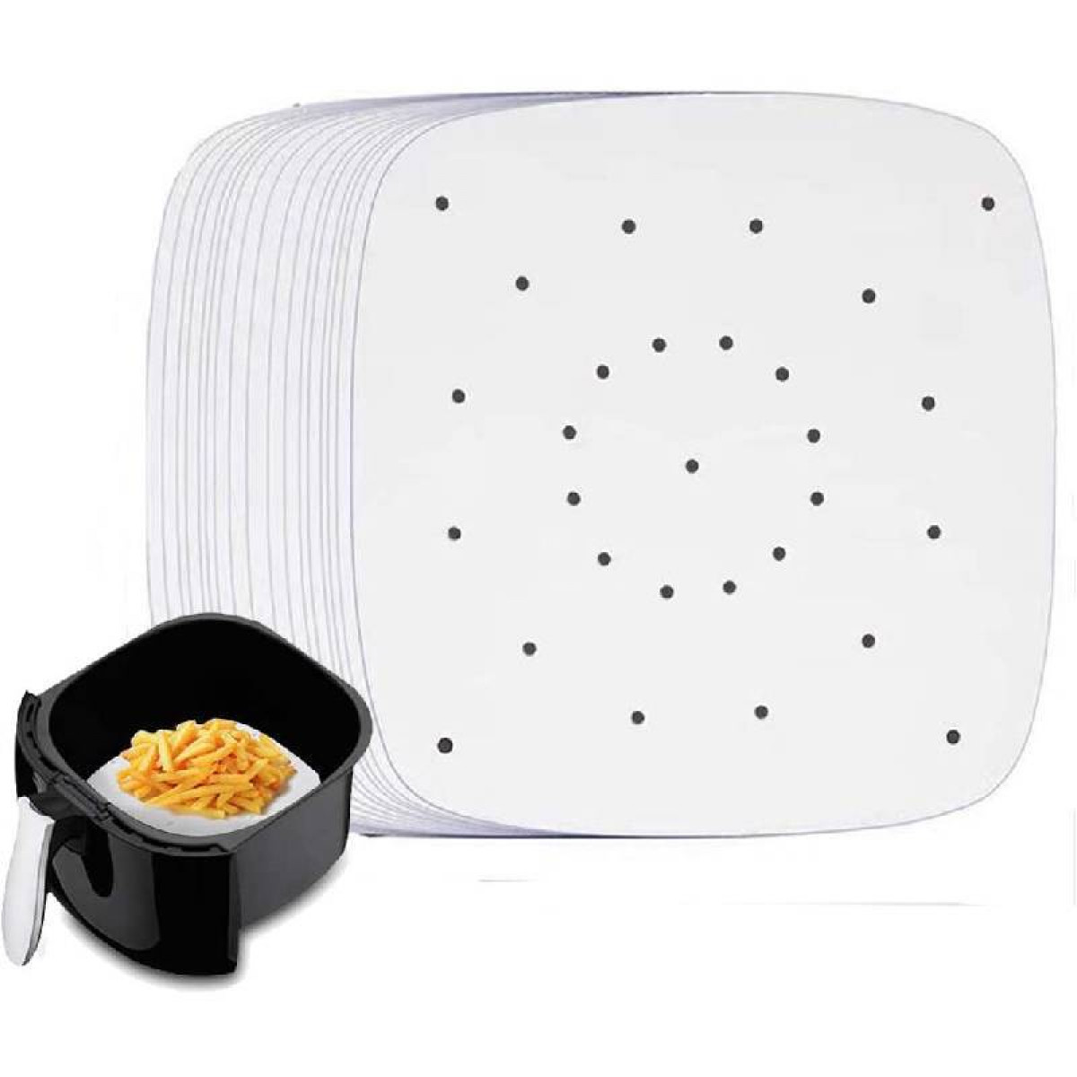 Ein Stapel weißer Airfryer-Einlagen mit kleinen Löchern und einem schwarzen Airfryer.