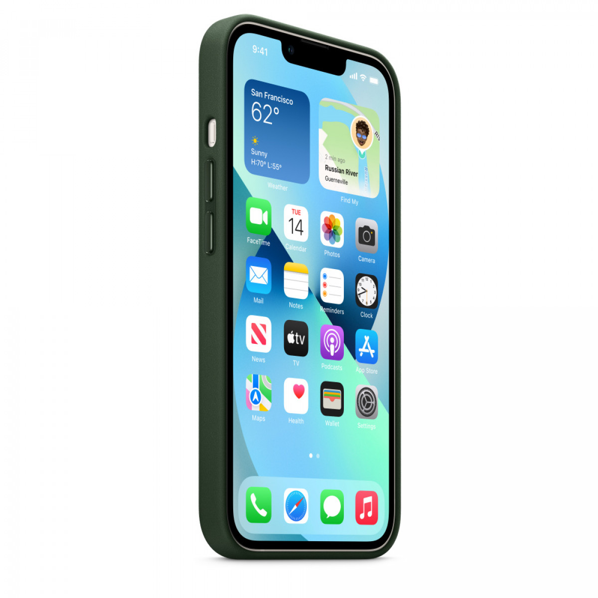 Green phone case on phone, showing the screen. Apps are visible on the screen.