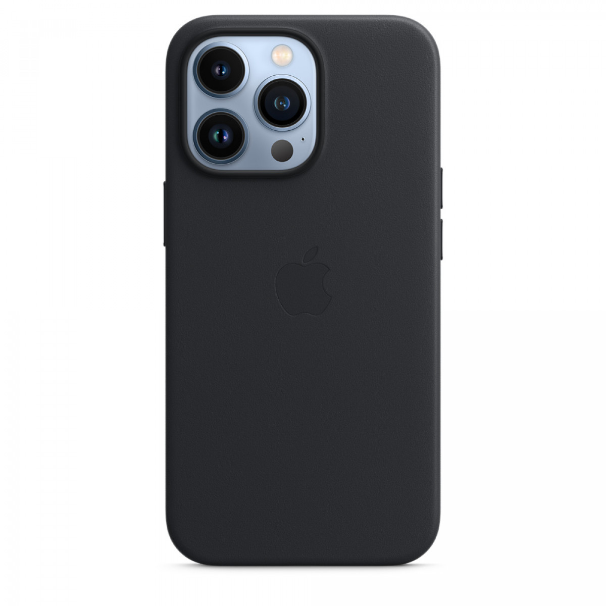 Czarne etui na telefon na białym tle, z widocznym logo Apple.