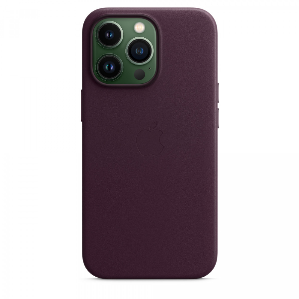 Paarse telefoonhoes met drie cameralenzen en een Apple-logo.