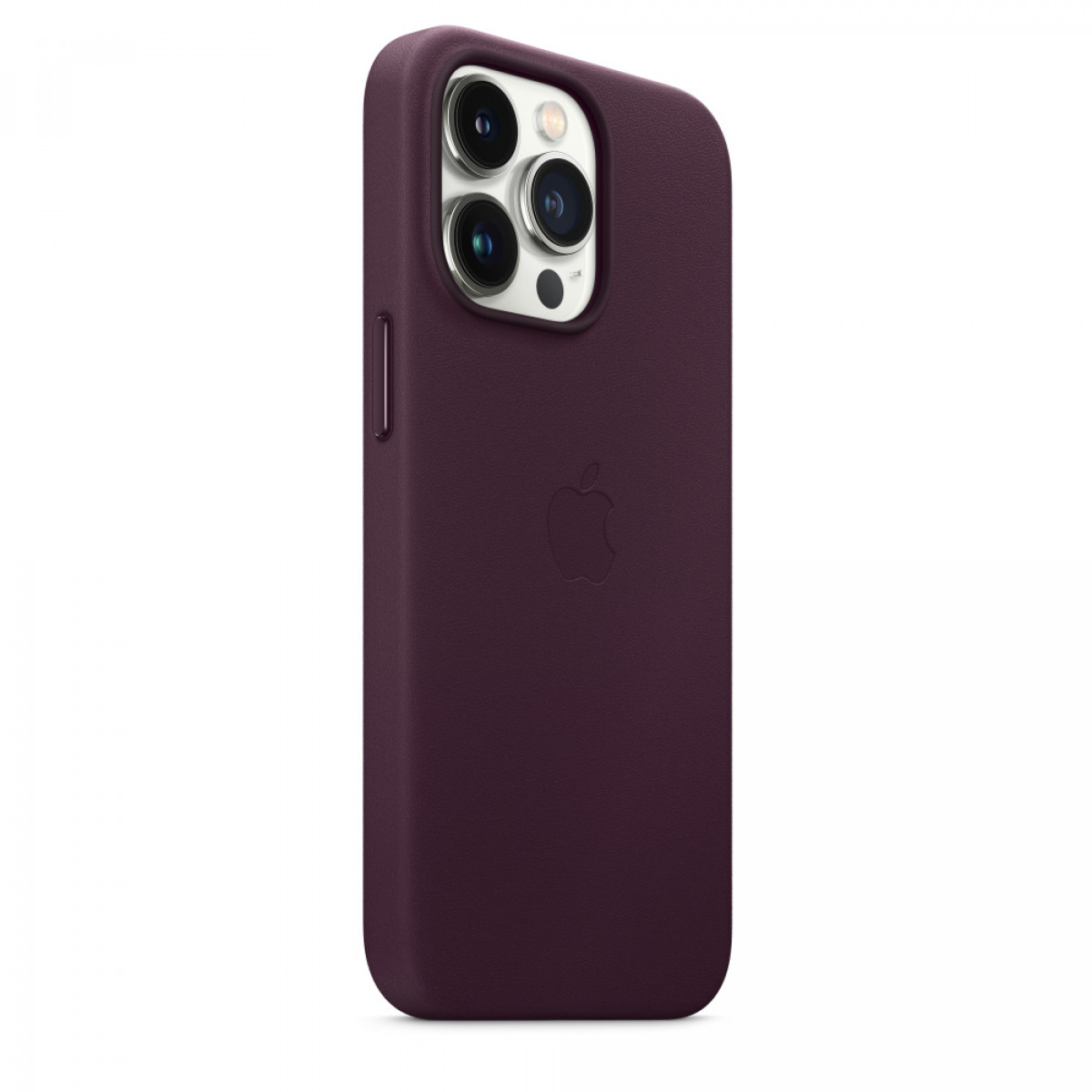 Paarse telefoonhoes met het Apple-logo en een uitsparing voor een drievoudige camera.