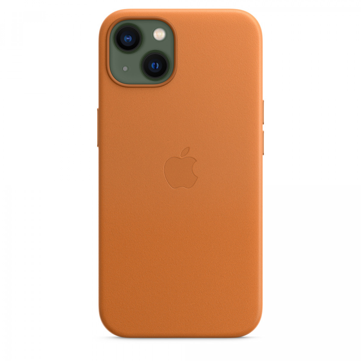 Orangefarbene Leder-Handyhülle. Rückseite zeigt Apple-Logo und Kamera. Geschlossene Hülle.