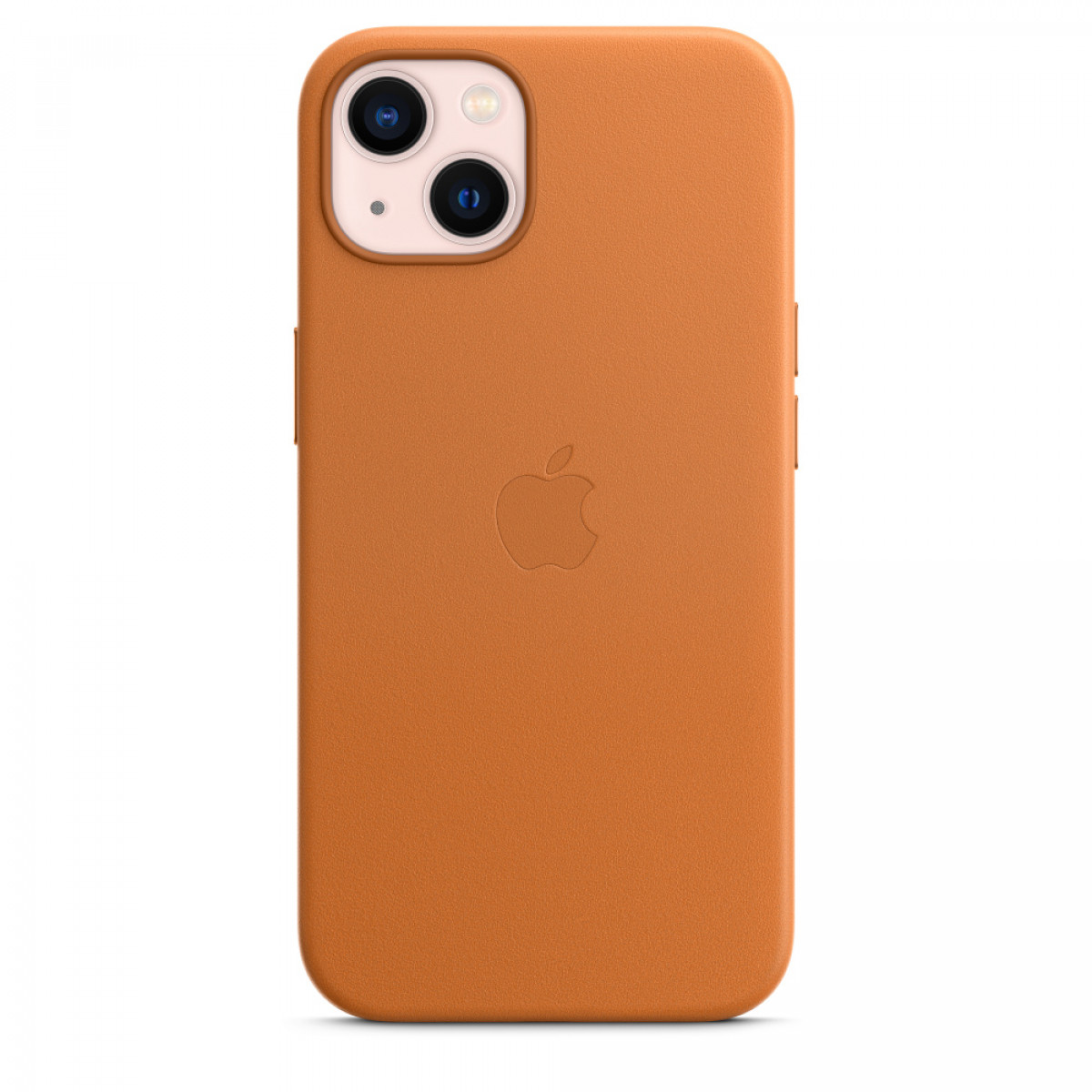 Eine orangefarbene iPhone-Lederhülle. Das Apple-Logo ist zentriert. Weißer Hintergrund.