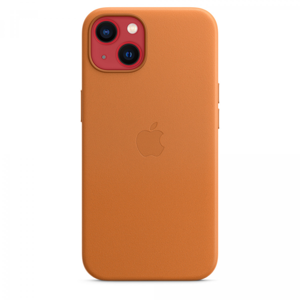 Orangefarbene Handyhülle mit Apple-Logo und Telefonkameras.