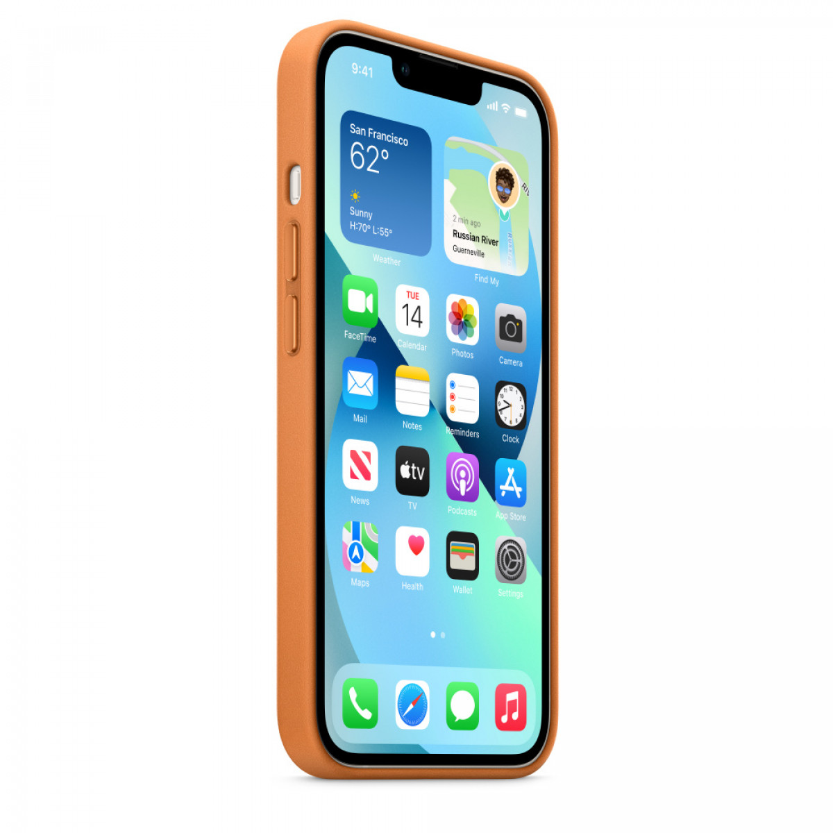 iPhone w pomarańczowym etui. Ekran pokazuje godzinę, pogodę i ikony aplikacji.