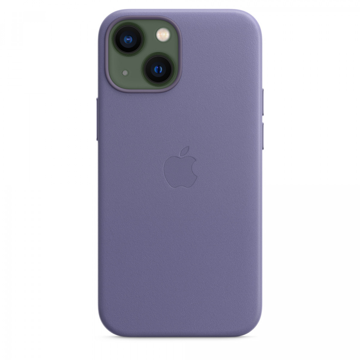 Paarse telefoon met zwarte cameralenzen en Apple-logo op de achterkant.