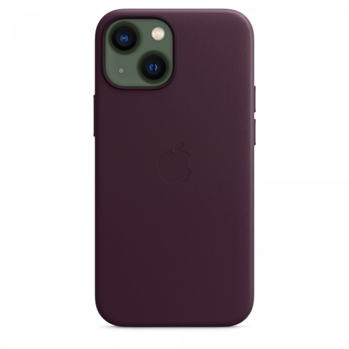 Eine weinrote iPhone-Hülle mit Kamera und Apple-Logo.