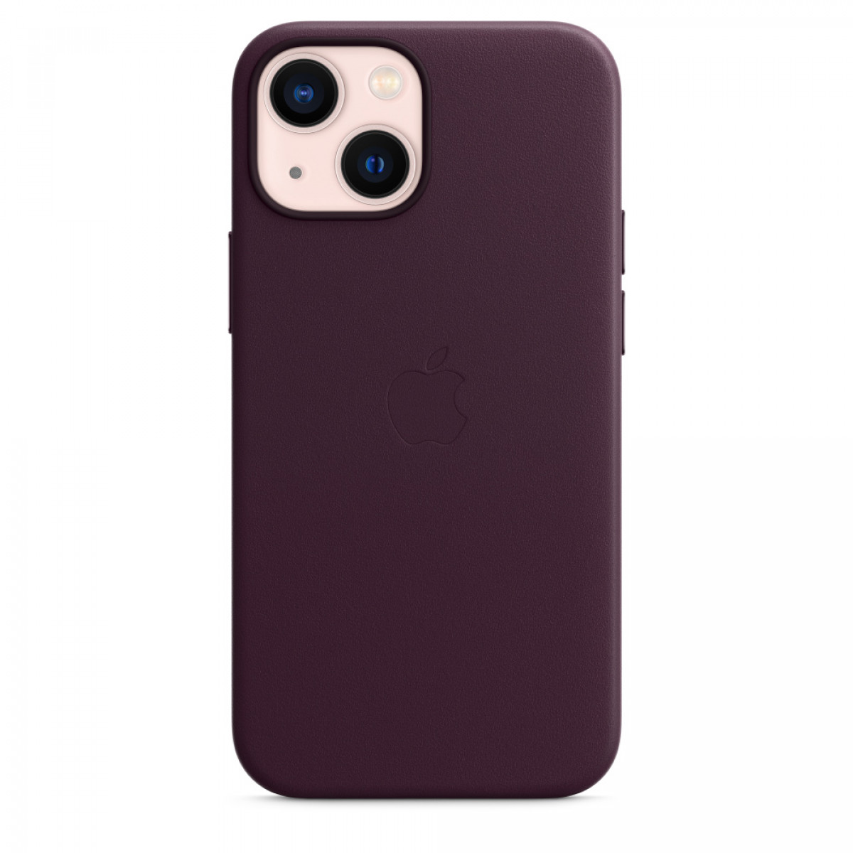 Nahaufnahme eines lila iPhone 13 mit Lederhülle, das die Kamera und das Apple-Logo zeigt.