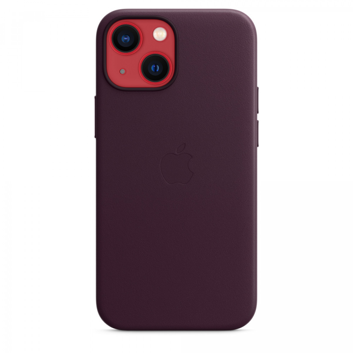 Nahaufnahme einer lilafarbenen iPhone-Hülle mit dunkelvioletter Rückseite und roter Kamera.