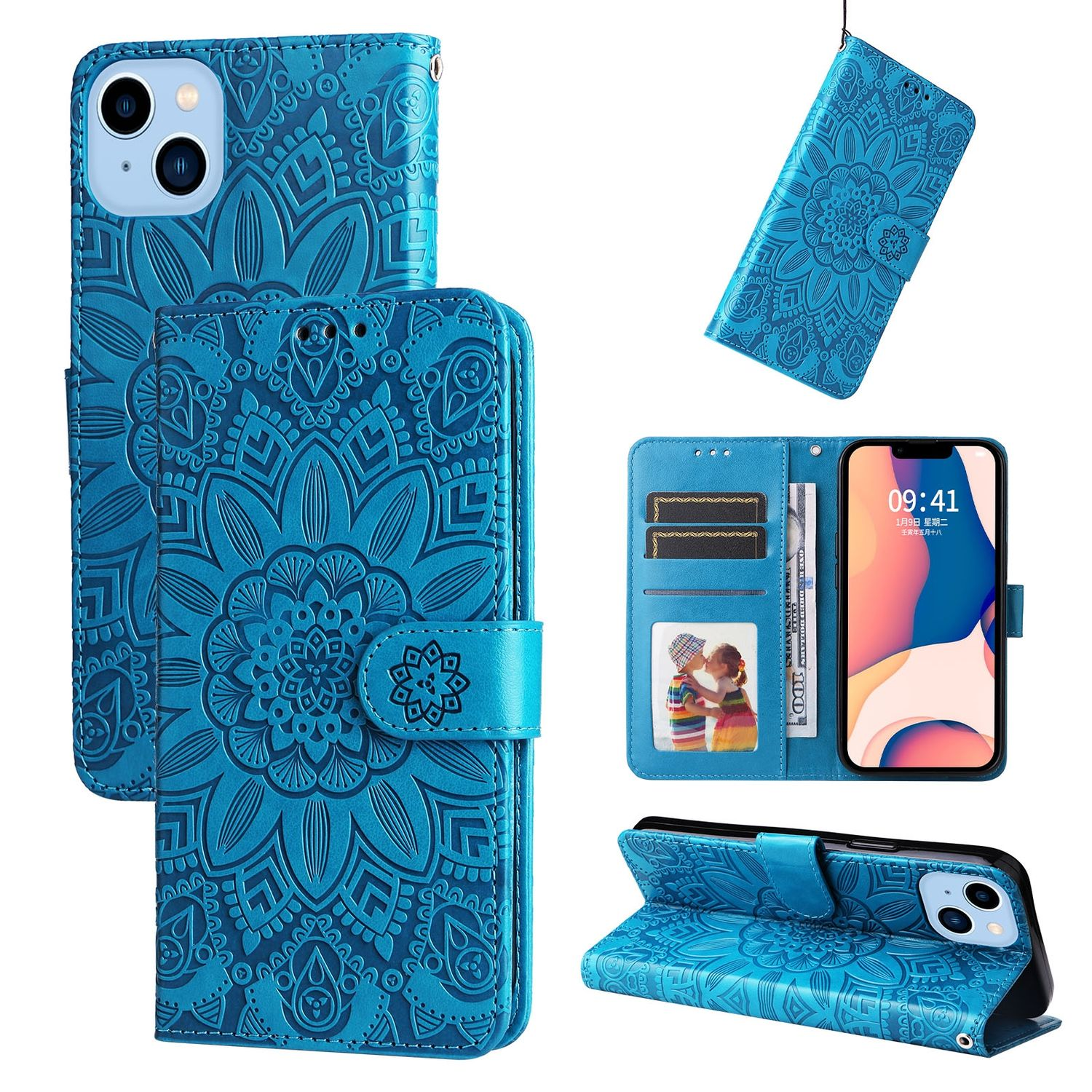 Blaue Handyhülle mit Blumenmuster. Enthält ein Telefon, Kartenfächer und einen Schnappverschluss.