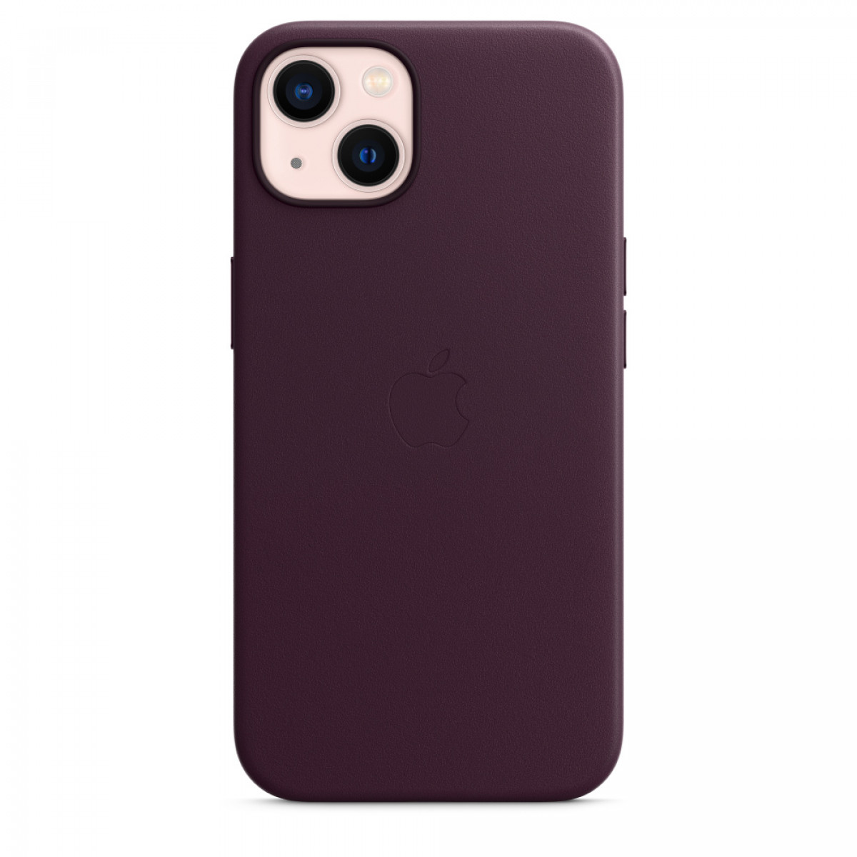 Eine lila iPhone-Lederhülle mit dem Apple-Logo auf der Rückseite. Die Hülle bedeckt die Seiten des Telefons.