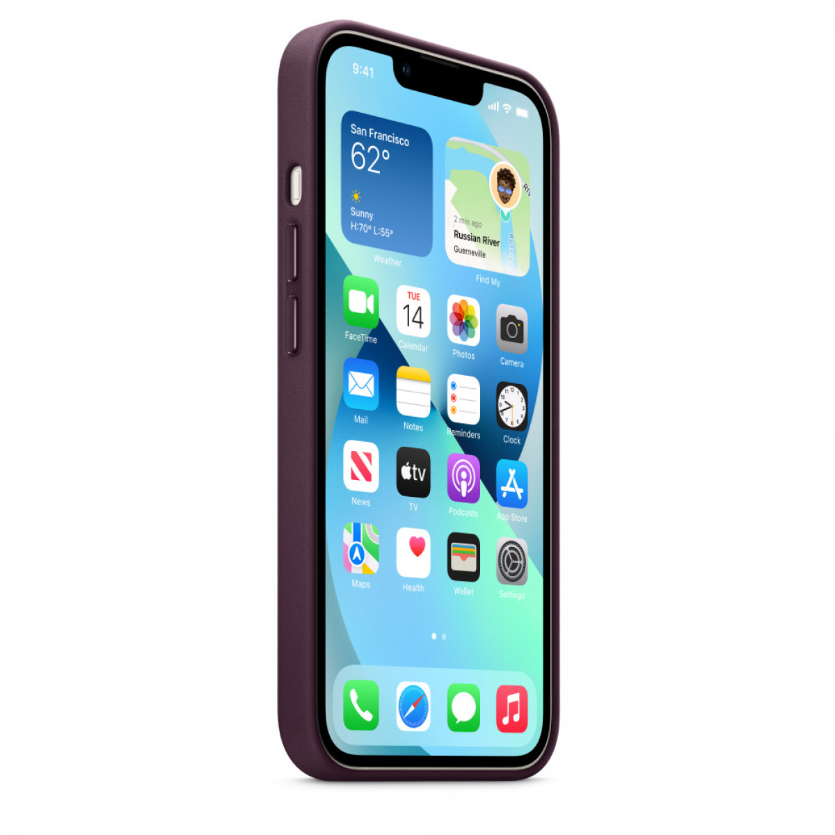 Ein Smartphone in einer bordeauxroten Hülle, das einen Startbildschirm mit App-Symbolen und einem Wetter-Widget anzeigt.