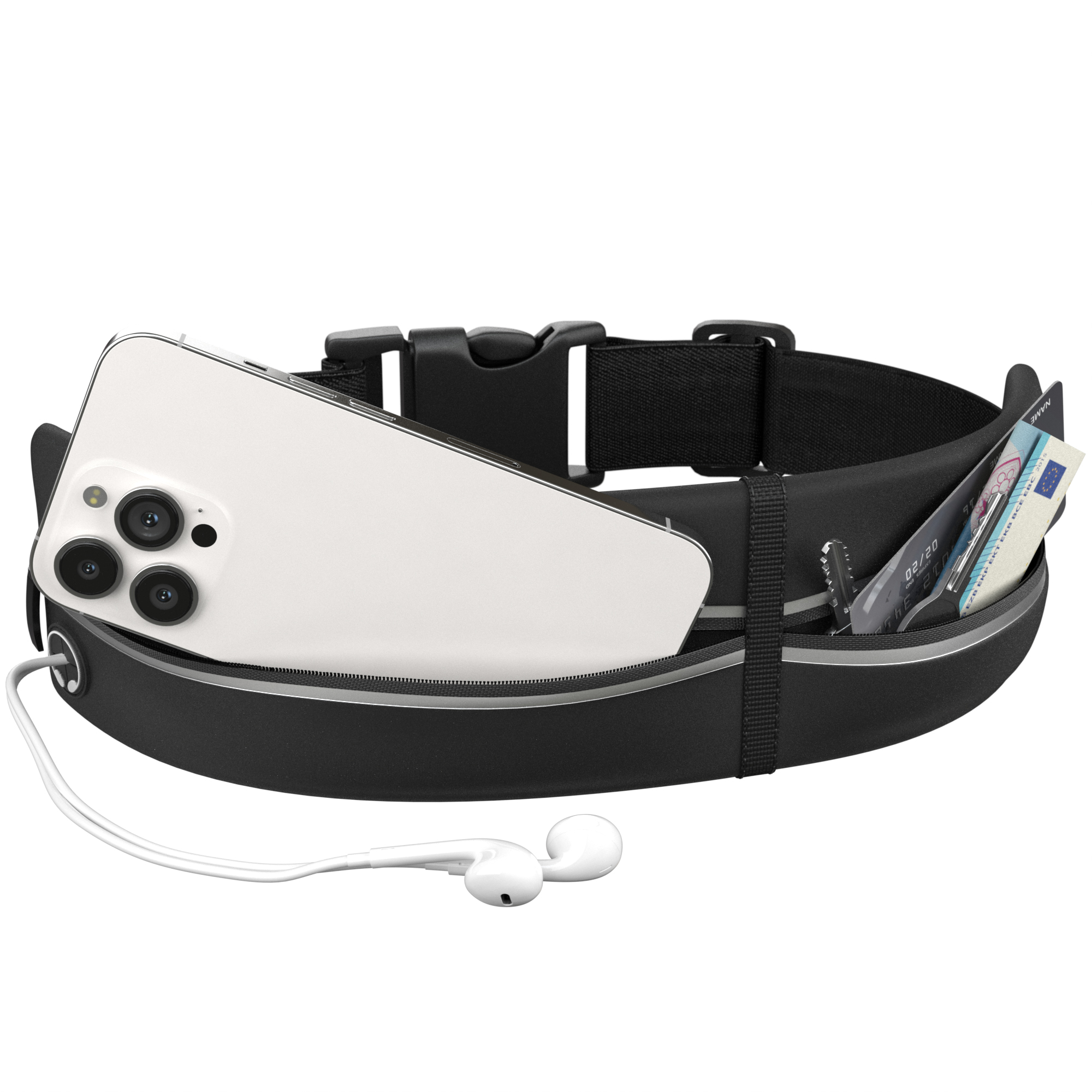 Schwarze Bauchtasche mit Telefon, Kopfhörern und Geld. Schwarzer Hintergrund.