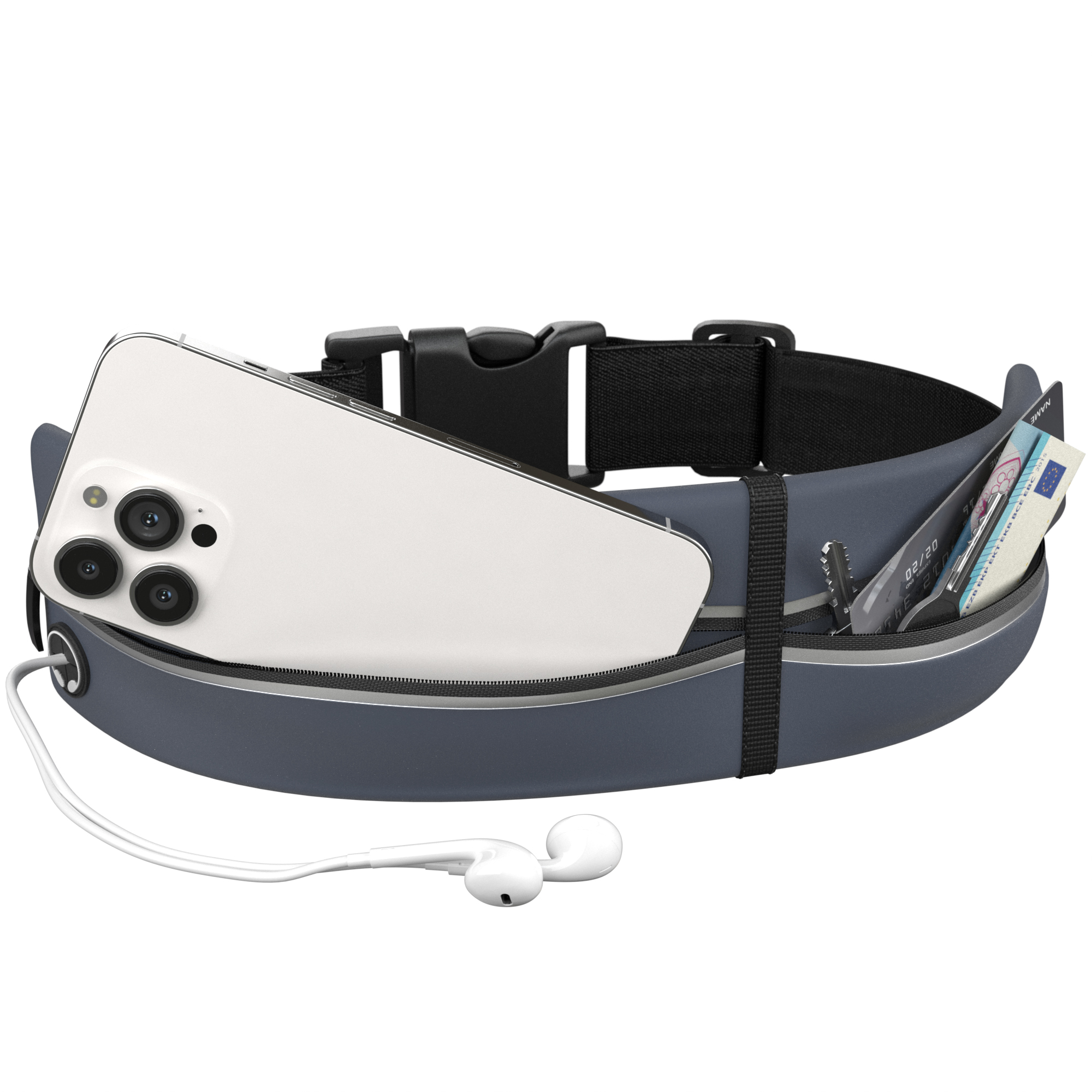 Graue Bauchtasche mit weißem Telefon, Ohrhörern und Geld, mit schwarzer Schnalle.