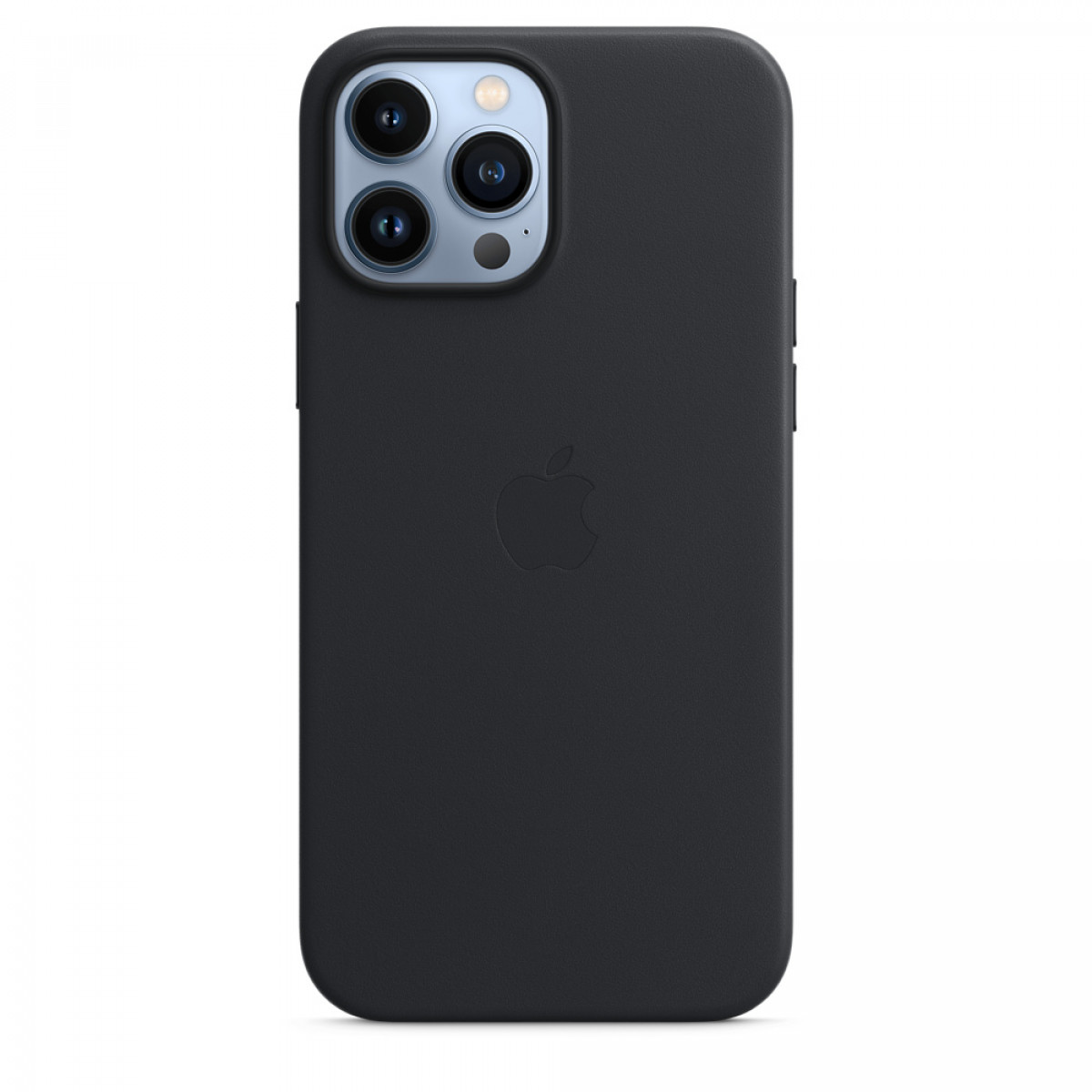 Black leather phone case for an iPhone. Apple logo on the back.