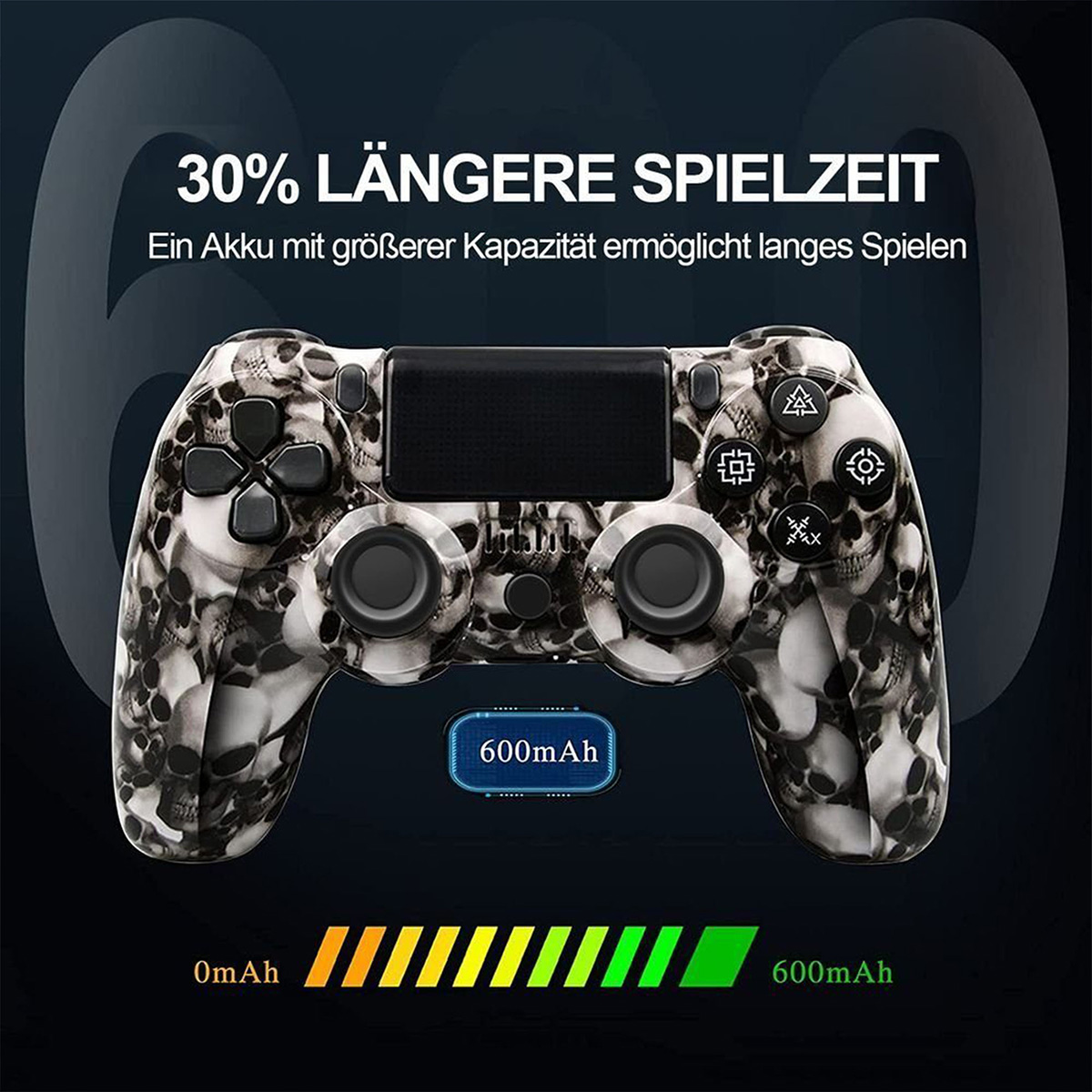 Schwarz-weißes Gamecontroller-Muster mit Totenkopf. Akkuanzeige grün für voll.